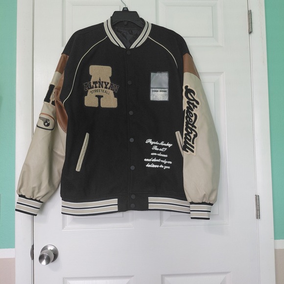 altnyan Other - Varsity Letterman Jacket Black Cream Mens Altnyan Streetball Embroidered Snap XL